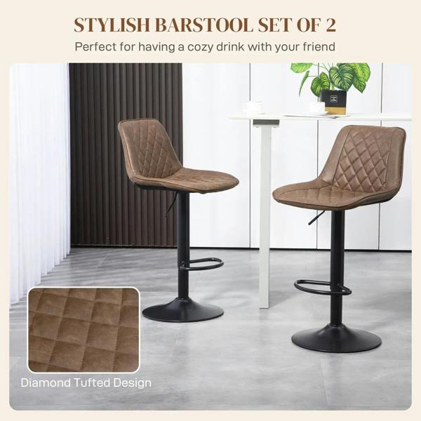 Set of 2 brown bar stools with backrest, diamond-quilted PU seats and swivel steel bases