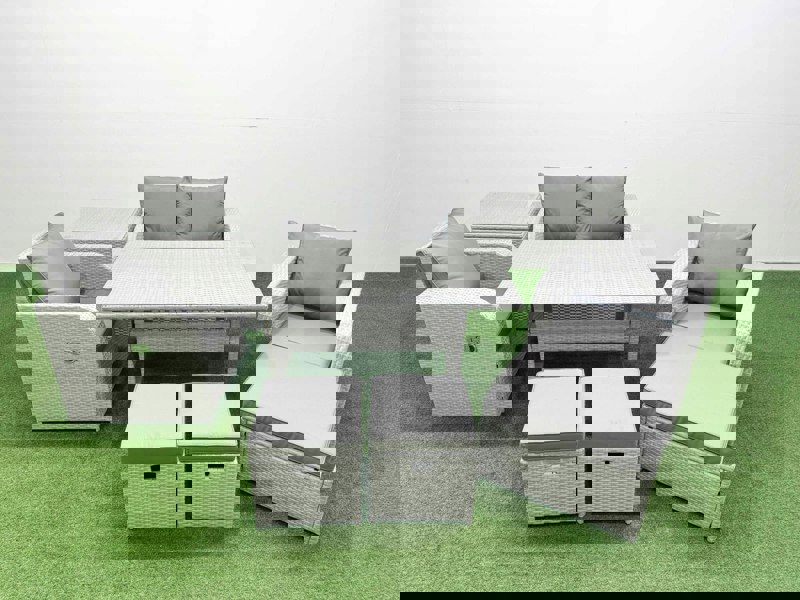 Fimous Light Grey PE Wicker Rattan Garden Furniture Set Sofa Set Reclining Chair Rectangular Dining Table 7 Seater 3  Stools Side Table
