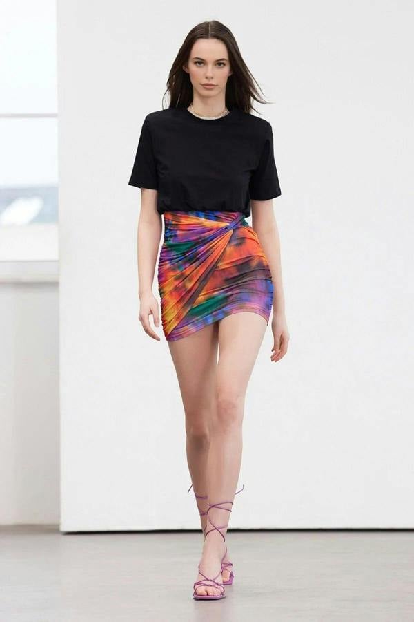 WOVCOR Patterned Ruched Stretch Knit Mini Dress