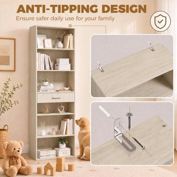 Bookcase Narrow Tall Space-Saving Bookshelf Drawer Open Shelves 60 x 24 x 182 cm Oak Wood Effect