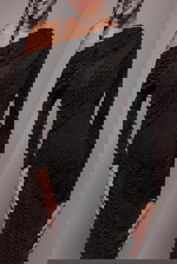 Off The Shoulder Gathered Panel Sparkle Lurex Maxi Dress - Black Gold DR4675