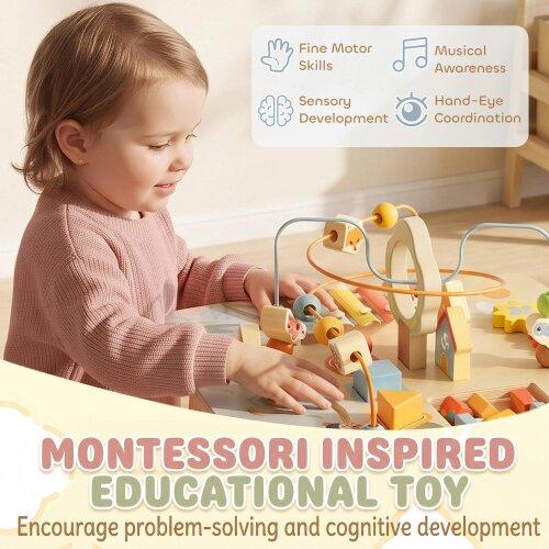 AIYAPLAY 6 In 1 Wooden Baby Activity Table with Bead Maze, Shape Sorter