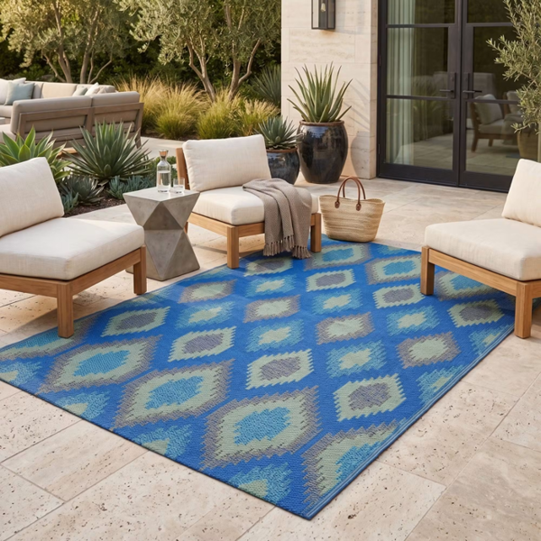 HOMESCAPES Outdoor Rug Luxury Waterproof Reversible Recycled, For Garden, Amber Ikat