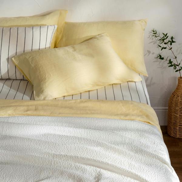 Lemon Yellow French Linen 40cm Deep Fitted Sheets close-up detail 7 | Soak and Sleep
