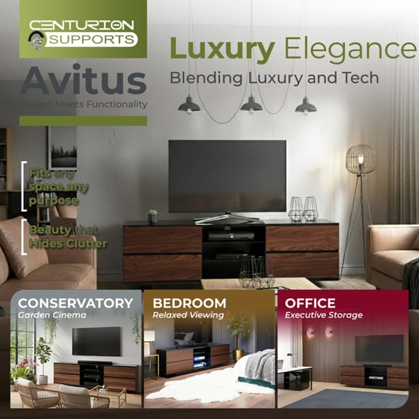 Centurion Supports AVITUS High Gloss Black with 4-Walnut Drawers for 32"-65" LED/OLED/LCD TV Cabinet - FULLY ASSEMBLED