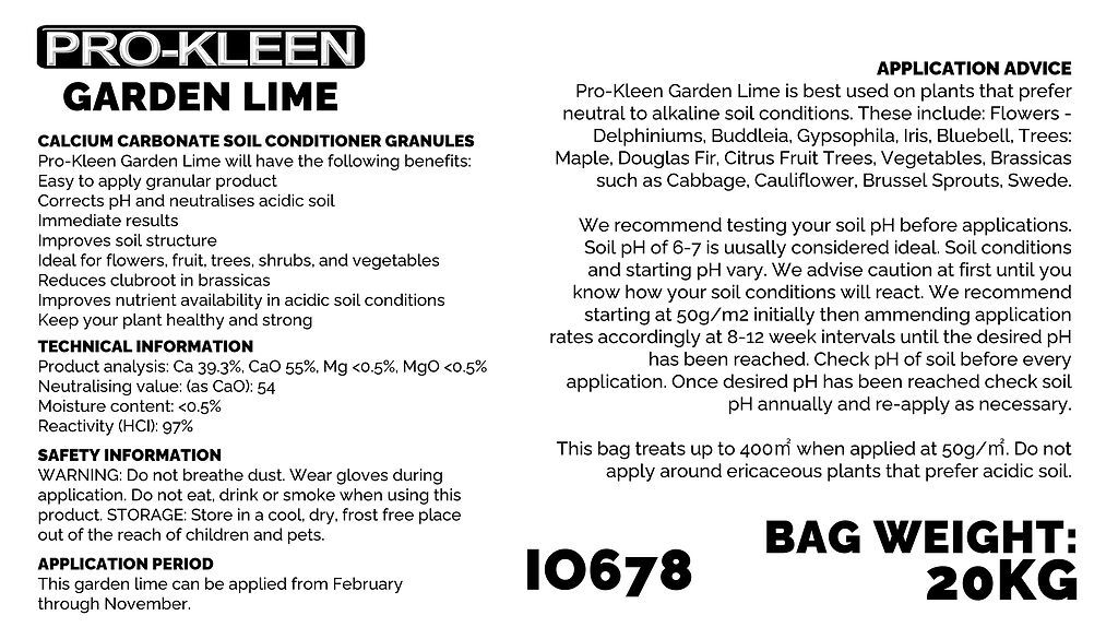 ProKleen Pro-Kleen Garden Lime Soil Conditioner Granules 20kg Granular Limestone Increases pH Levels to Neutralise Soil Fast Acting