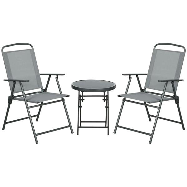 Light grey garden chair set with round glass-top table and folding armchairs