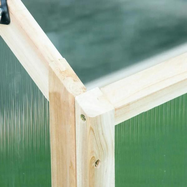Wooden cold frame greenhouse frame corner joint with metal screw fasteners