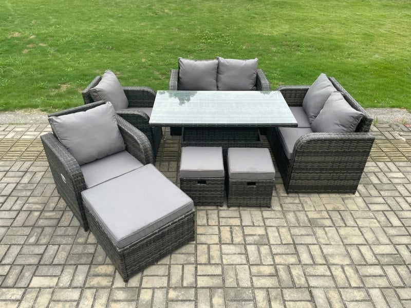 Fimous PE Rattan Garden Furniture Set Height Adjustable Rising lifting Dining Table With Love Sofa Chair 3 Footstools