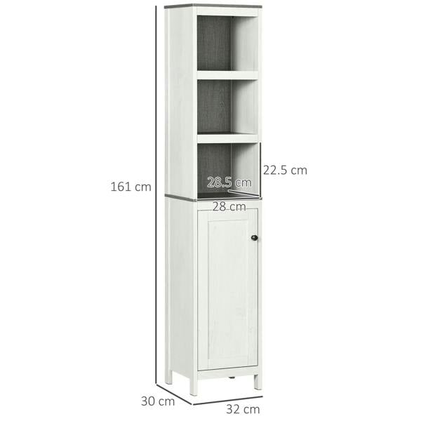 Antique white freestanding tower cabinet with 3 open shelves and bottom door, vertical layout