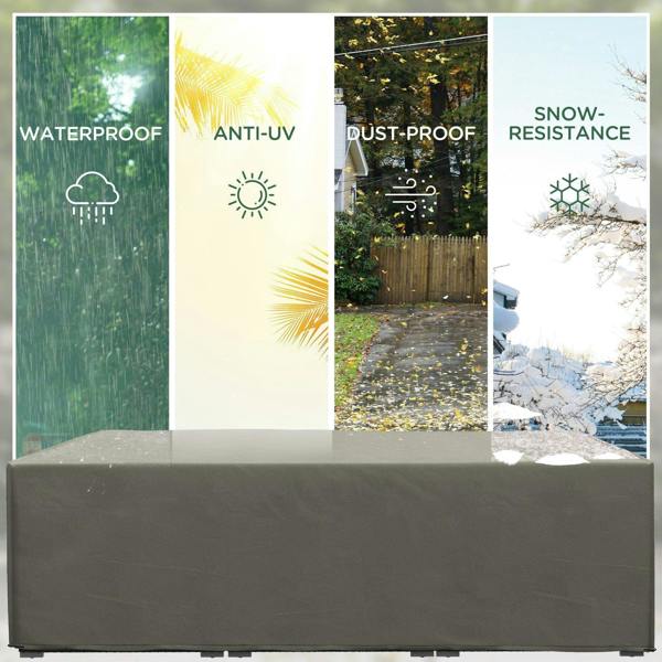Grey waterproof outdoor furniture cover on patio, rectangular shape with fitted top
