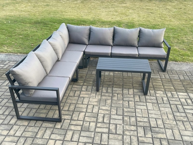 Fimous Aluminium Patio Outdoor Garden Furniture Lounge Corner Sofa Set with Oblong Coffee Table Dark Grey