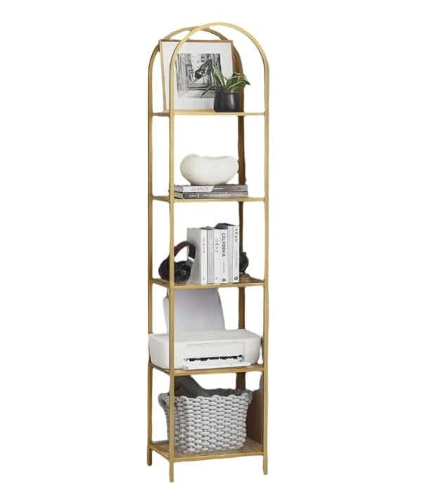 Modcraft 5-Tier Tempered Glass Shelf Unit, Arched Display Rack, Metallic Gold Frame 183.5 cm