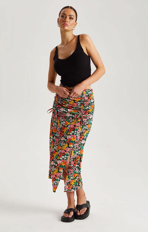 Urban Bliss Floral Ruched Midi Skirt
