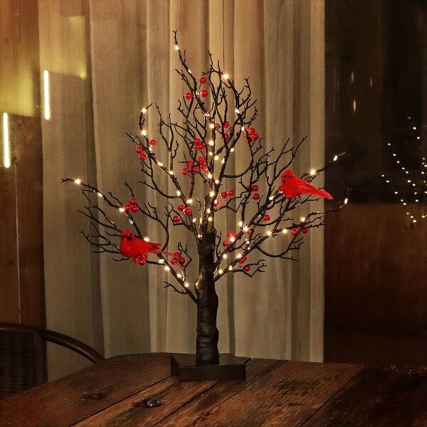 smartbies 60 LED Pre-Lit Birch Twig Tree with Birds & 10 Piece Christmas Pendant Set