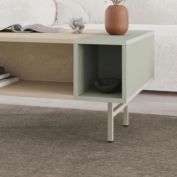 Decortie Modern 100cm Rectangle Coffee Table with Open Dual Shelf 4 Storage Compartments, Metal Frame Legs, Sonoma Oak, Ash Green