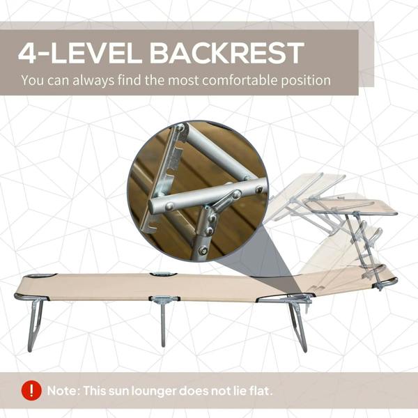 Beige sun lounger with 4-level backrest adjustment and visible hinge hardware