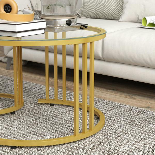 Wyld Haus Livi Metal Gold And Glass Set Of 2 Stripe Round Nesting Coffee Tables