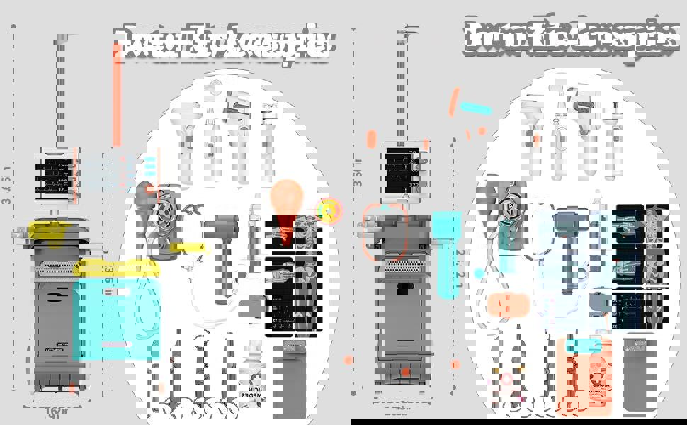 deAO Toys Doctor Kit for Toddlers, Kids Pretend Medical Station Set with Mobile Cart, Height Measuring Rod, Thermometer, Stethoscope