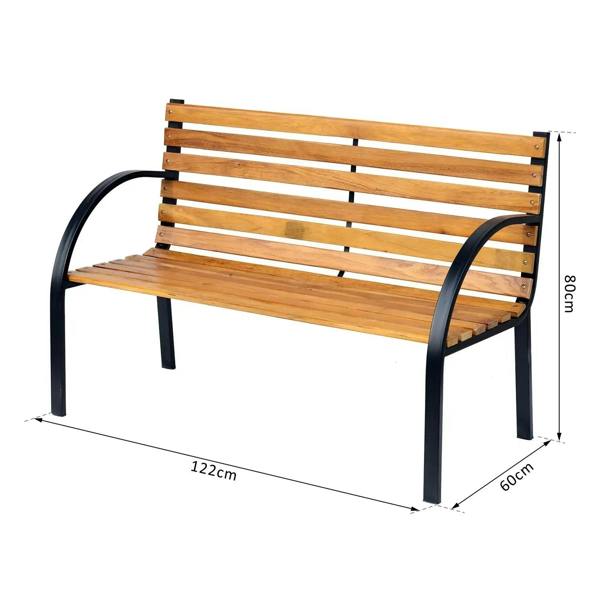 Natural wood slat 2-seat garden bench with black steel curved armrests and legs