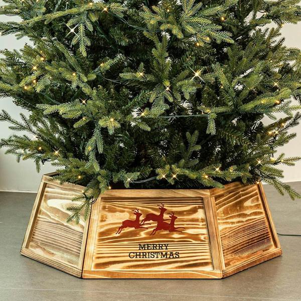 31.5 inch Hexagon Wooden Christmas Tree Collar with Burnt Finish for Festive Tree Stands image 8