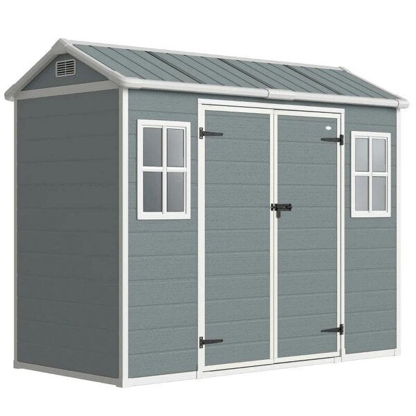 8 x 4 ft Plastic Garden Shed, Wood-Effect Outdoor Storage Shed with Floor, Windows, Lockable Doors and Vents, Light Grey