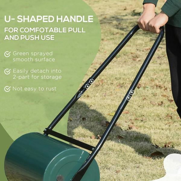 U-shaped black handle on a dark green lawn roller drum for pulling and pushing
