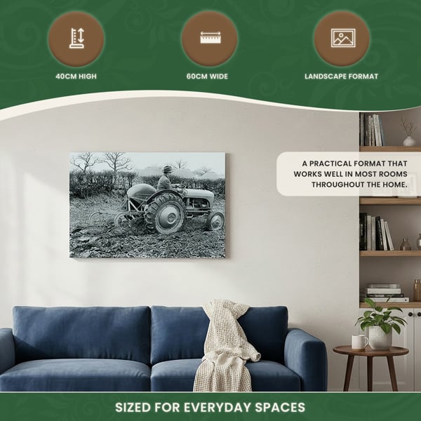 Ferguson TE20 Tractor Ploughing Canvas Picture Print, Circa 1950 Black and White Farm Scene, 60 x 40 cm, Stretched Canvas