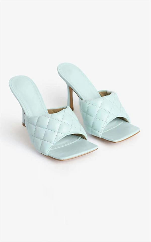 FS Collection Quilted Block High Heeled Mule Sandal In Mint Blue