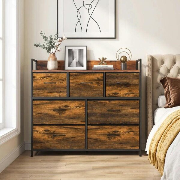 Chest of Drawers with 7 Drawers, Industrial Fabric Storage Unit with Top Shelf and Steel Frame for Bedroom, Rustic Brown