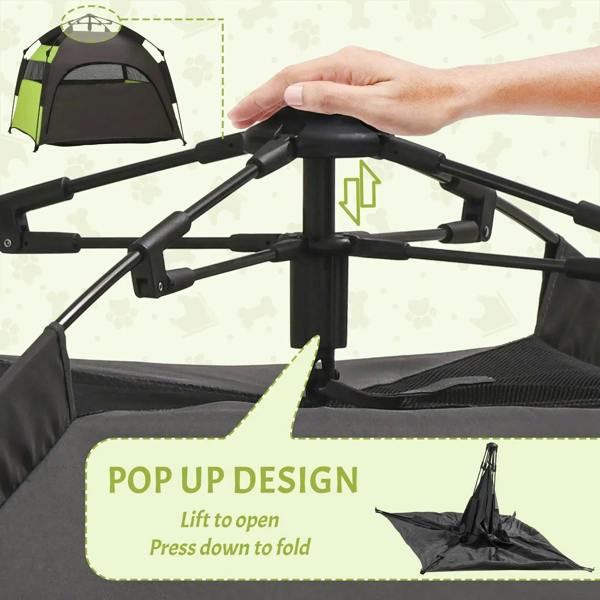 Folded-frame view of green and black pop-up pet tent