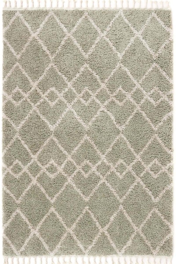Moroccan style rug in Eucalyptus Green and Ivory with intricate diamond pattern and tassel detailing.