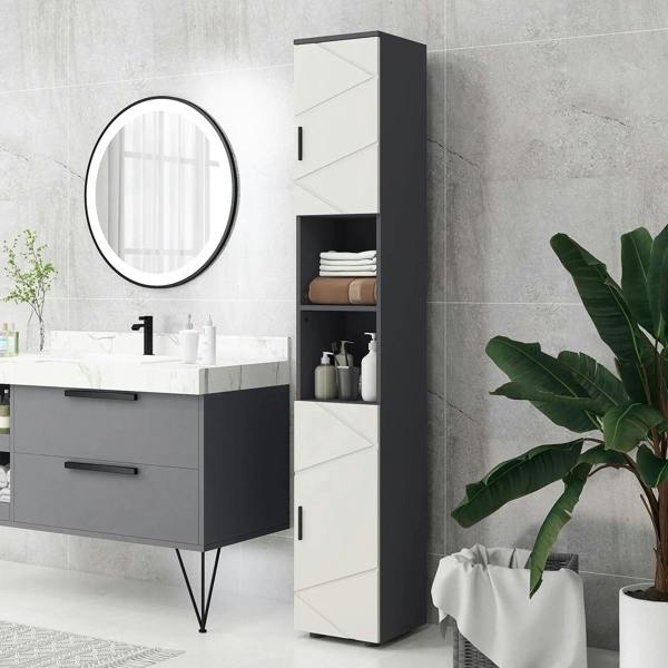 Tall bathroom storage cabinet with open shelves, panelled door fronts, light grey
