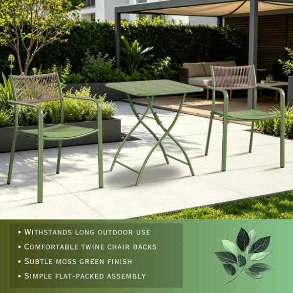 Core Products 3 Piece Bistro Garden Set, Pair Of Rope Back Armchairs & Square Metal Folding Table, Moss Green