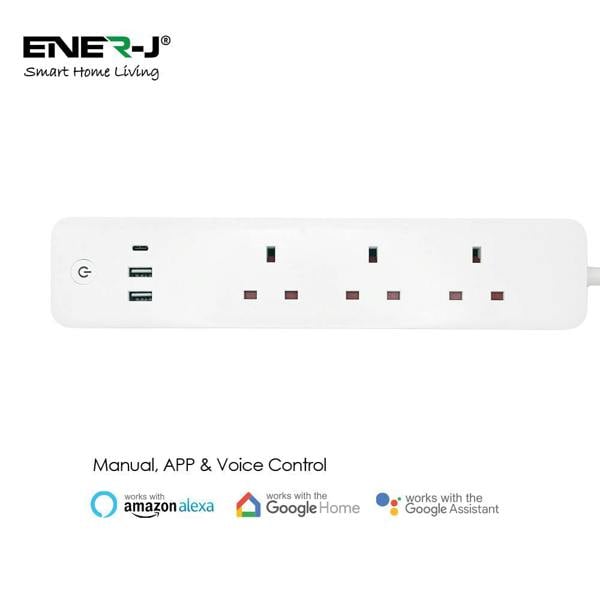 ENER-J Smart WiFi Power Strip, 3 AC Outlets, 2 USB Ports & USB-C, Surge Protector Extension Lead, Alexa & Google Home Compatible