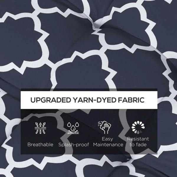 Navy blue cushion pillow fabric detail with white trellis pattern; breathable splash-resistant