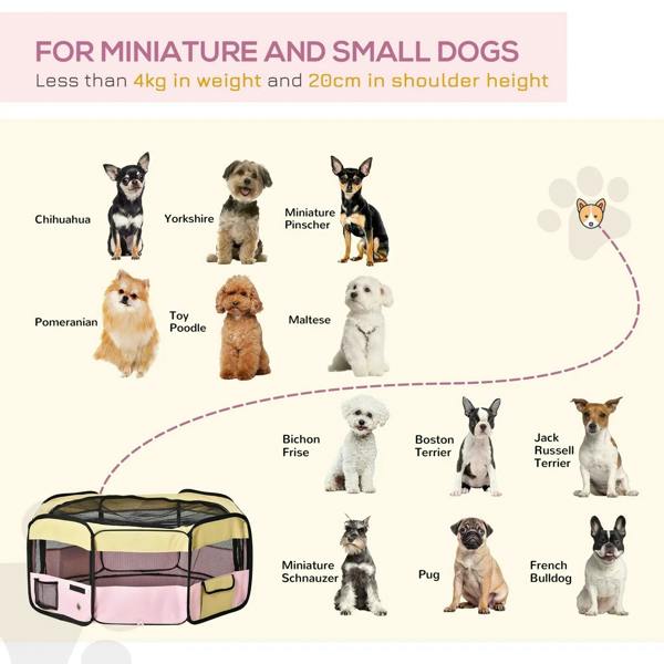 Small pet playpen in pink and beige, shown with lightweight size guidance for puppies