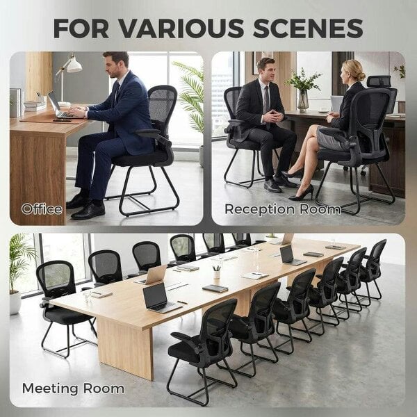 Reception Chair, Conference Meeting Office Chair with Flip-up Armrest, Mesh Backrest, Lumbar Support and Metal Base