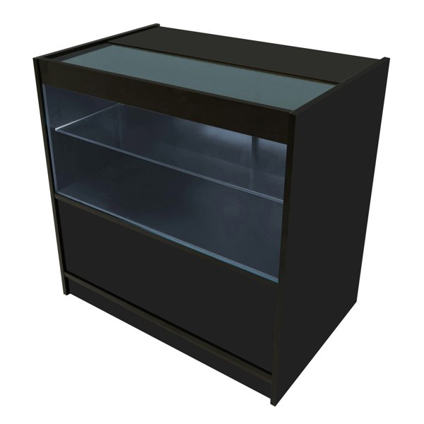 Black LED retail shop counter C900 with a glass top, illuminated interior, and sleek design, ideal for showcasing products