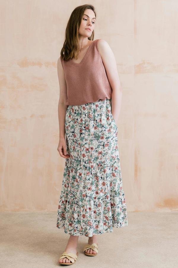 Lily & Me Evie Printed Midi Skirt Ecru