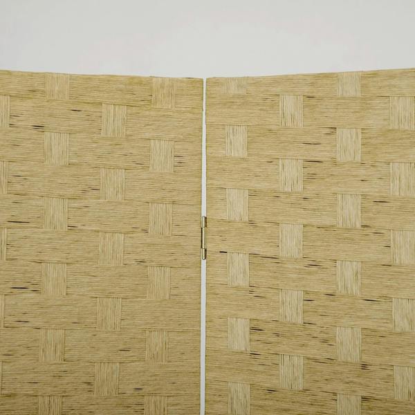 Brown woven fibre privacy screen divider panel detail with vertical frame seam