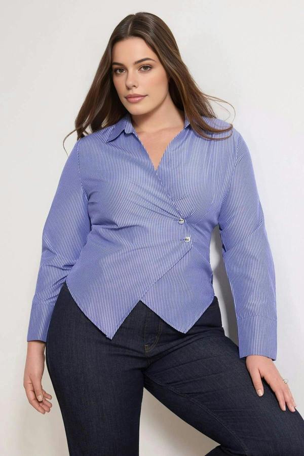 WOVCOR Striped Plus Size Woven Shirt with Silver Button Detail