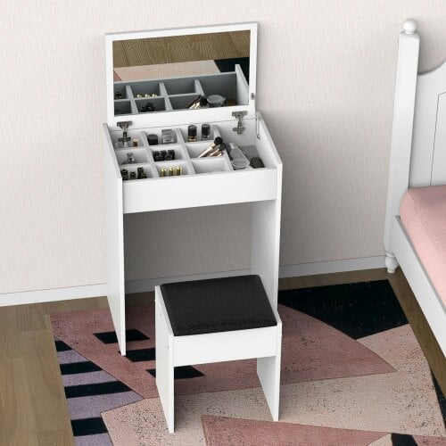 Wyld Haus Nolena White Wood Vanity Table With Flip Up Mirror Padded Stool And Storage
