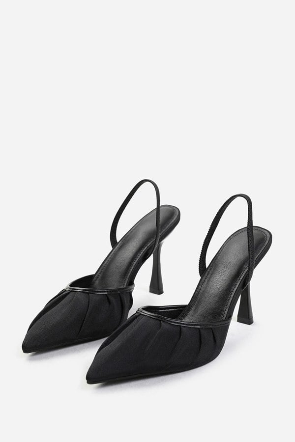 Where's That From Maldives Wide Fit Pointed Toe Heels With Strap in Black Satin