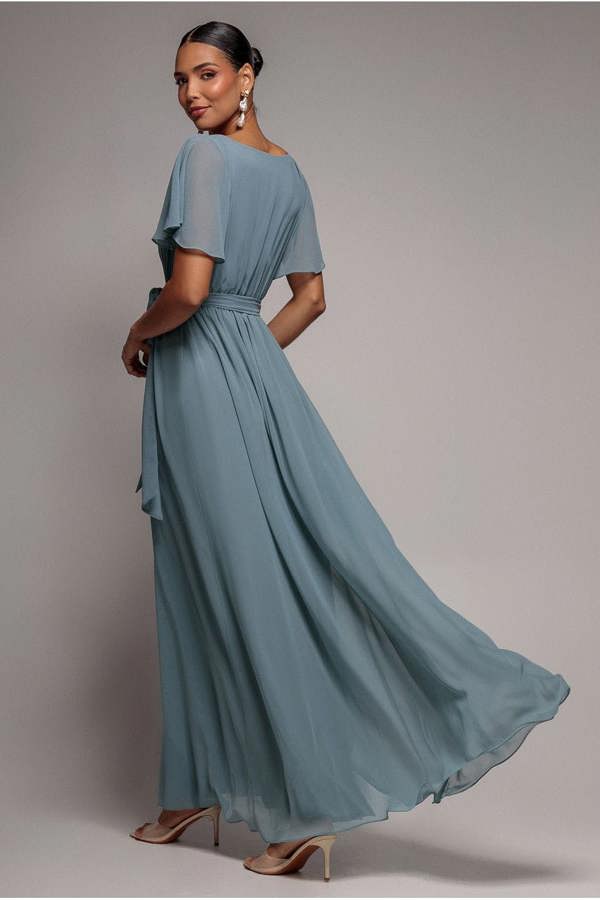 Chiffon Flutter Sleeve Wrap Maxi Dress - Dusty Blue DR2486