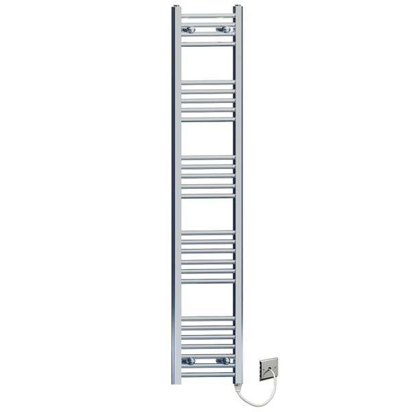 MYHOMEWARE 300 x 1600mm Flat Chrome Electric Pre-Filled Heated Towel Rail Radiator For Bathroom Designer Standard Element
