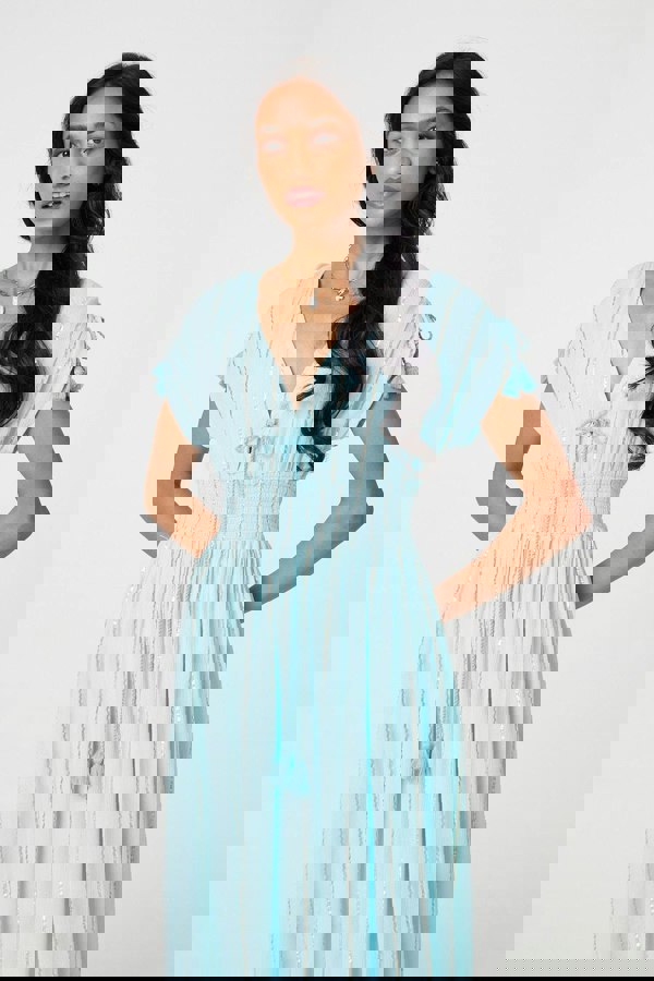 Light Blue | Striped Cap Sleeve Empire Maxi Dress