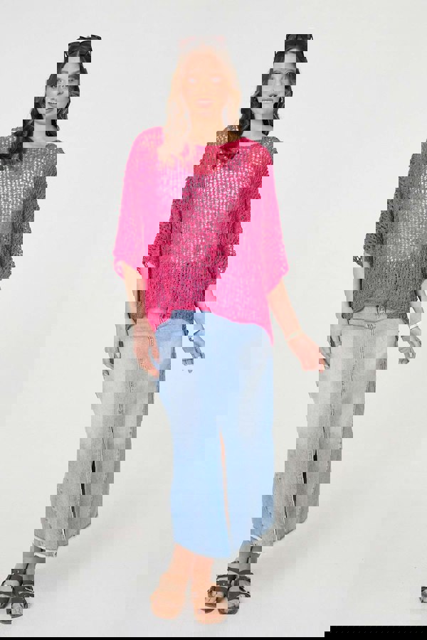 Pink | Crochet Knit Texture Batwing Sleeve Top
