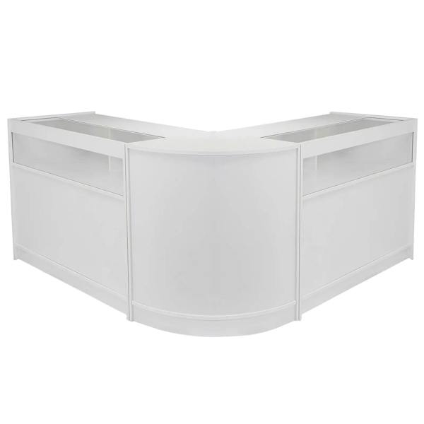 Fusion Brilliant White shop counter and retail display set featuring a sleek, modern design with smooth surfaces and a curved shape