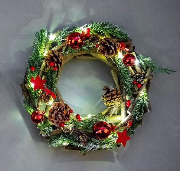 22cm Battery Operated LED Twig Wreath with Warm White Lights and Red Festive Details image 5